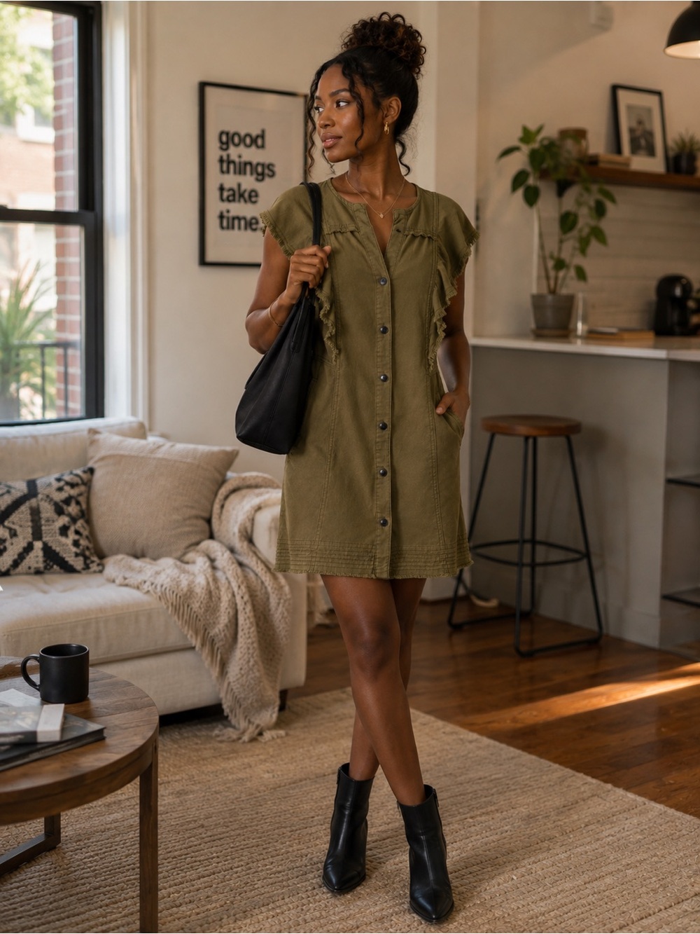 Pilcro Olive Ruffle-Sleeve Button Front Dress